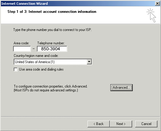 Internet Connection - Enter Dial Number 850-3904