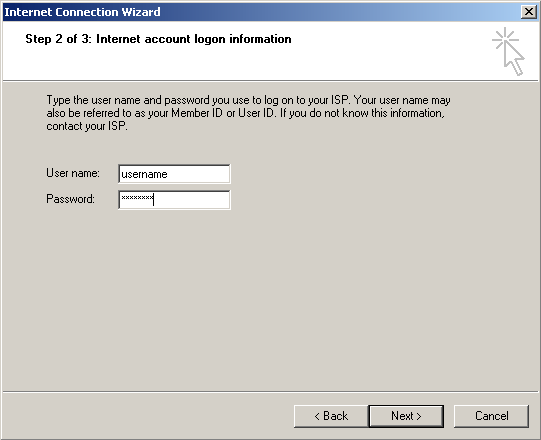 Internet Connection Wizard - Enter your CVC username and password