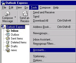 Outlook Express Setup - Click on Tools to begin