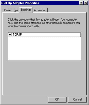 Dial Up Adapter Properties - Bindings