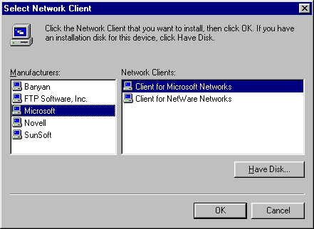 Setup for Netscape Communicator - Select Network Client