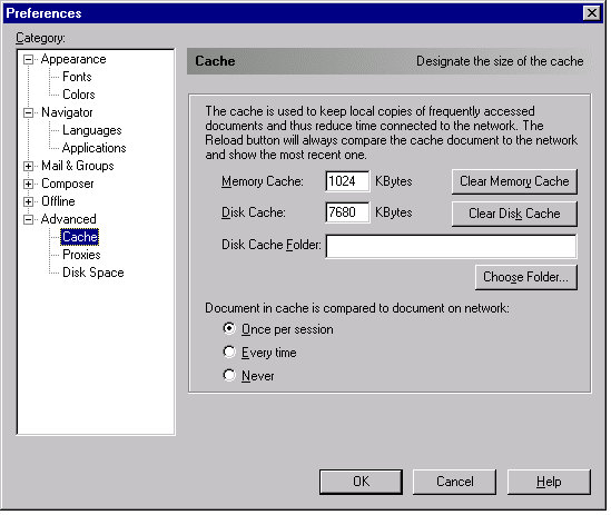 Setup for Netscape Communicator - Cleaning of the Cache Files