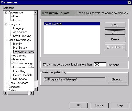 Setup for Netscape Communicator - Newsgroup Settings