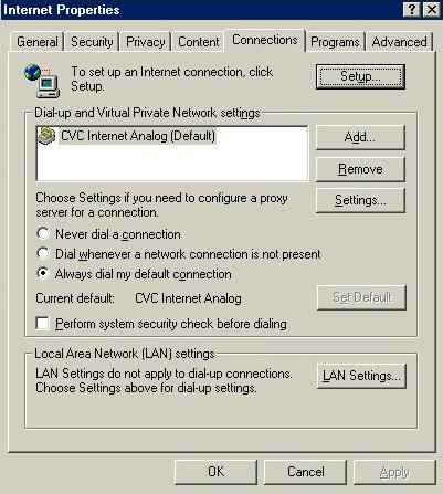 Internet Properties Connection Window