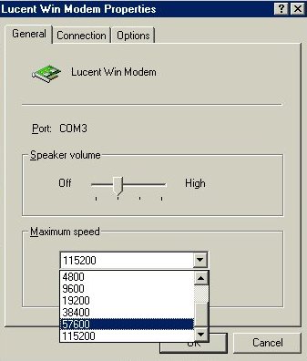 Modem Properties -  Lower modem speed to 57600