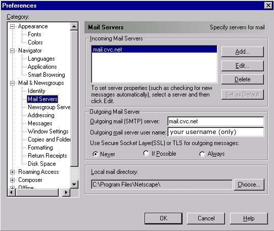 Setup for Netscape Communicator - Mail Server Names