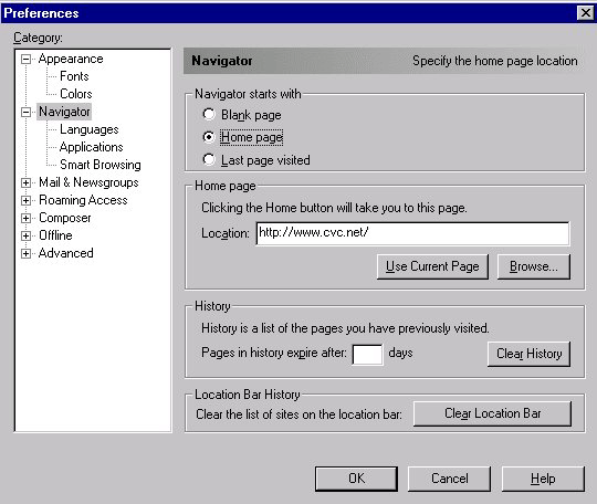 Setup for Netscape Communicator - Homepage Setting