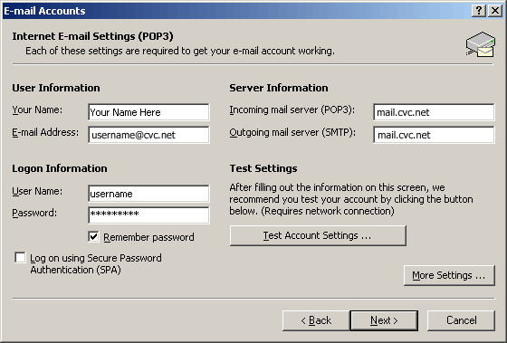 Resetting Outlook 2002 for CVC Internet